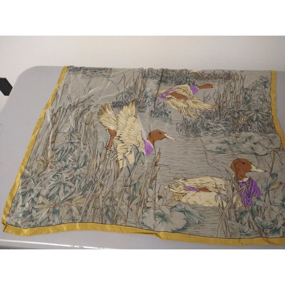 Vintage FILENE'S Ducks Flying Water TANS PURPLE 100% Silk Square Scarf ITALY